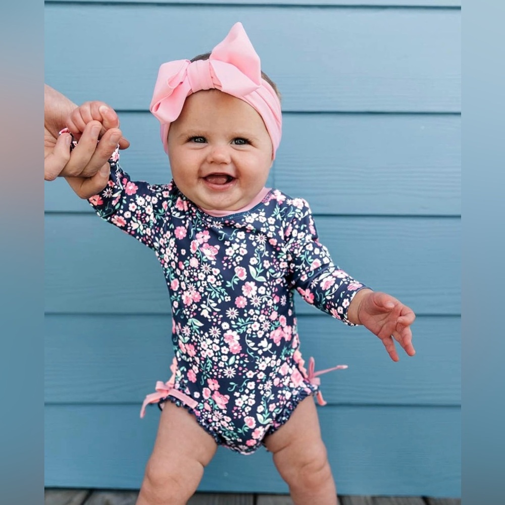 5/$25 Ruffle Butts Baby Girl One Piece Long Sleeve Moonlit Meadow Swimsuit